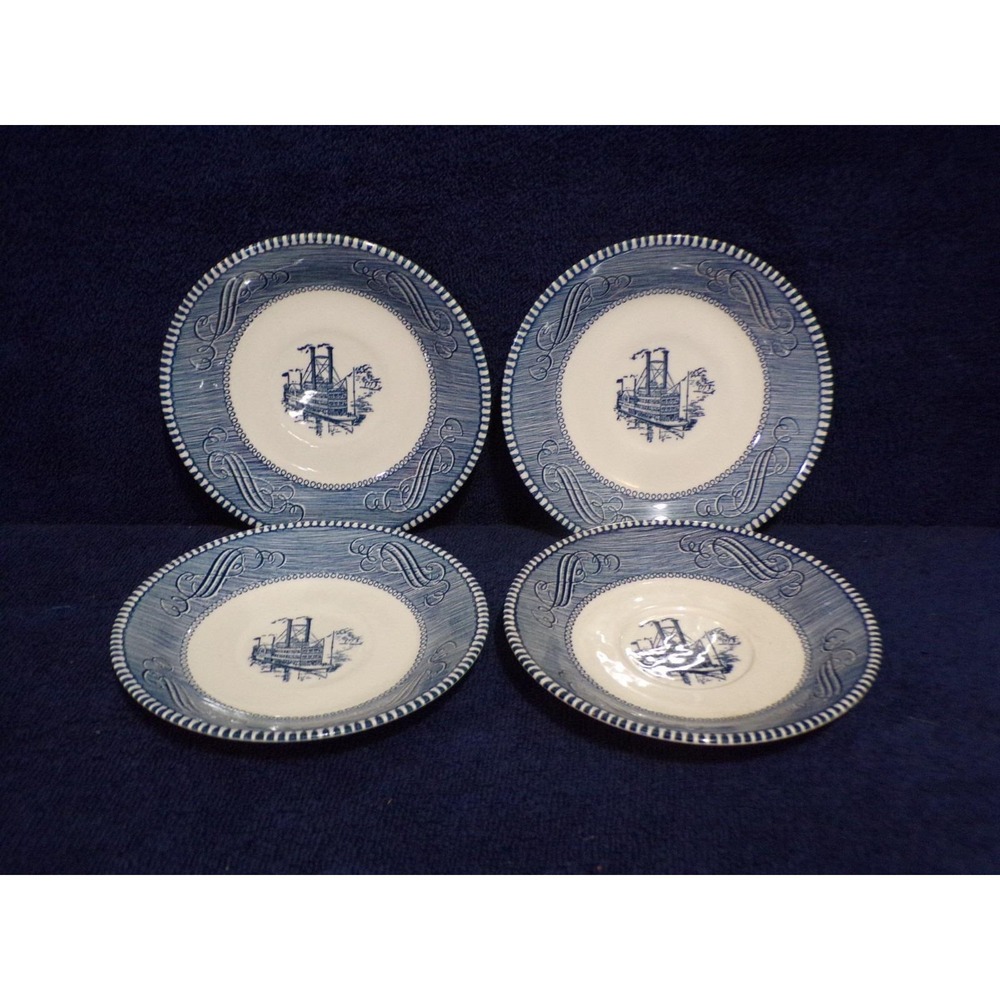 Vintage Currier & Ives "Steamboat" Pattern Blue & White 6" Saucers Plates Set 4